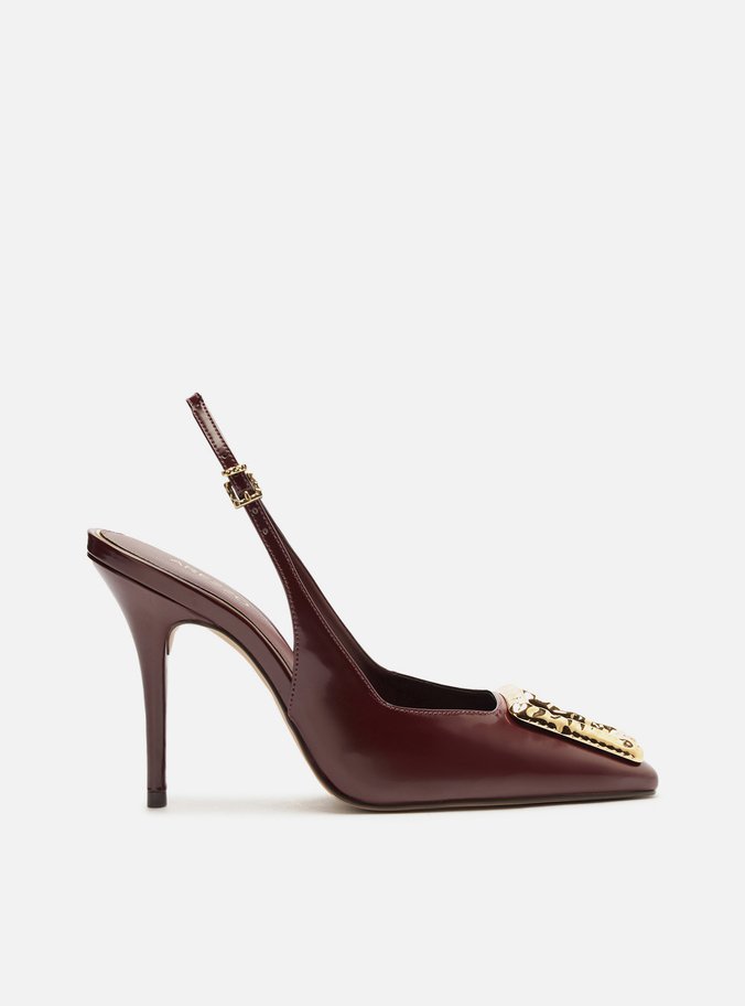 Scarpin Vermelho Couro Bico Quadrado Slingback Metal