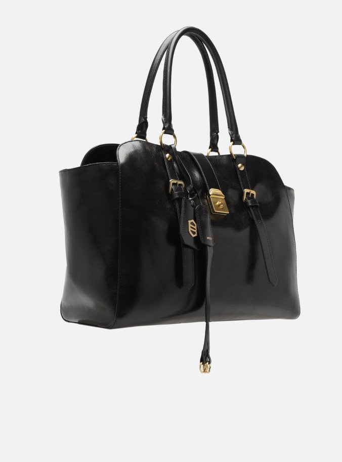 Bolsa Tote Preta Couro Estonado Grande Metal