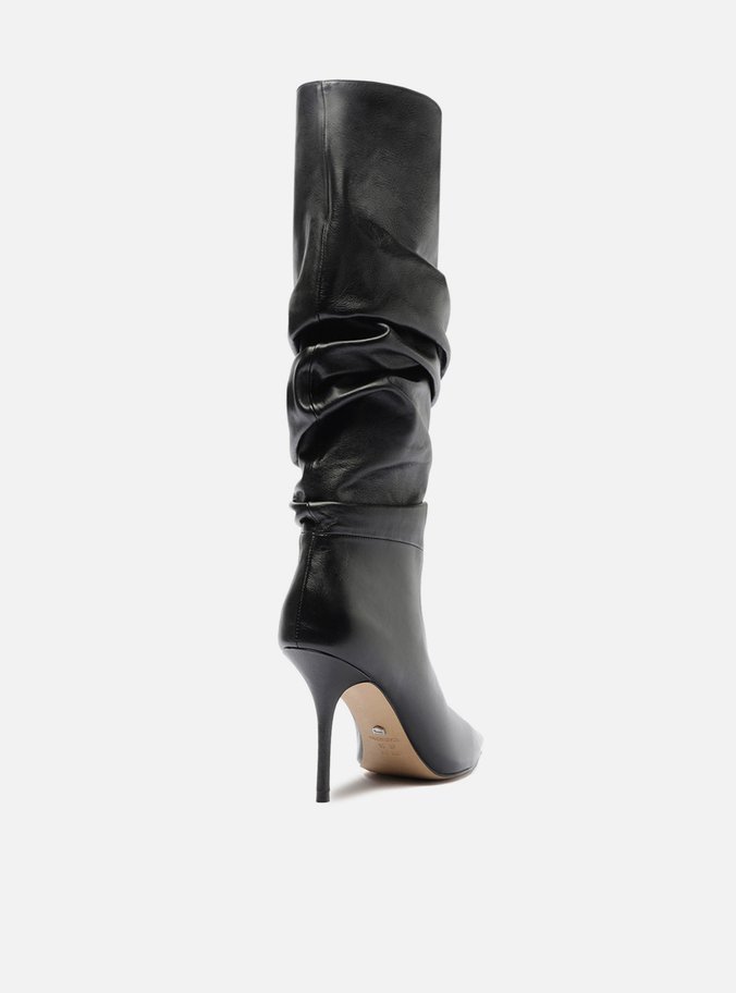 Bota Preta Couro Cano Longo Salto Alto Slouch