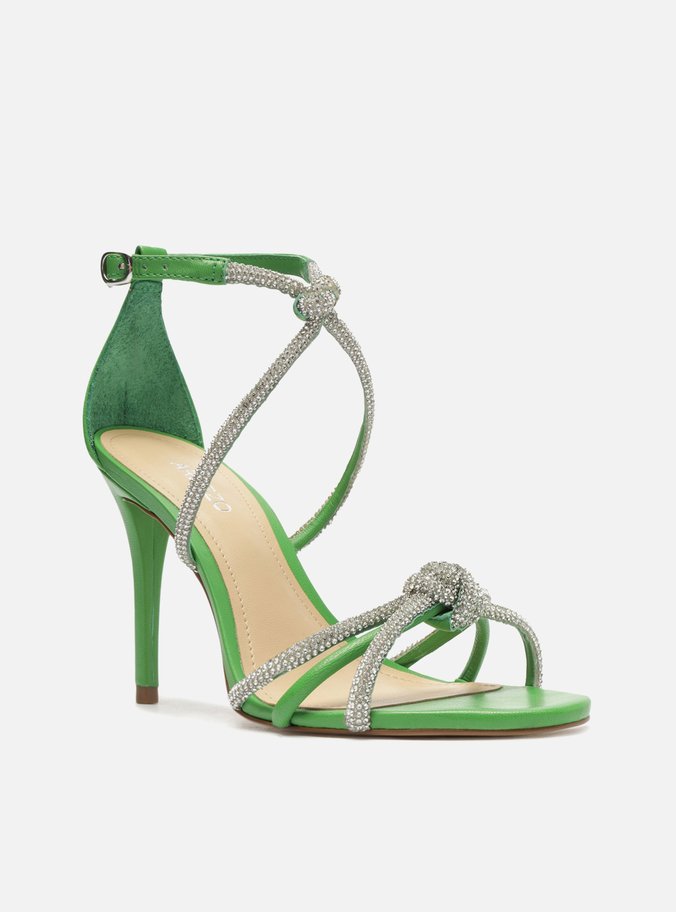 Sandália Verde Salto Alto Fino Tiras Strass