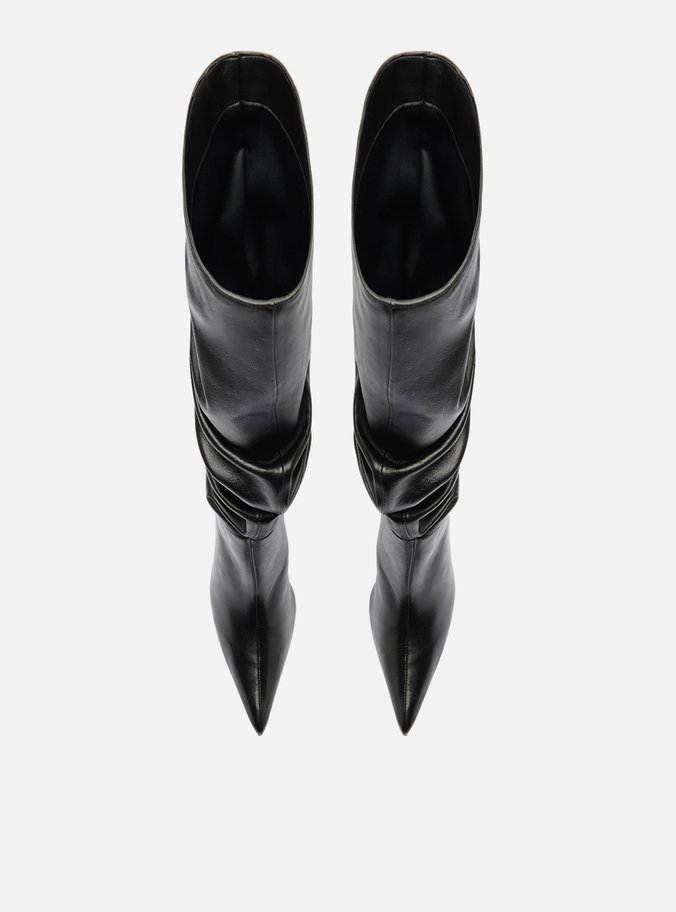 Bota Preta Couro Cano Longo Salto Alto Slouch