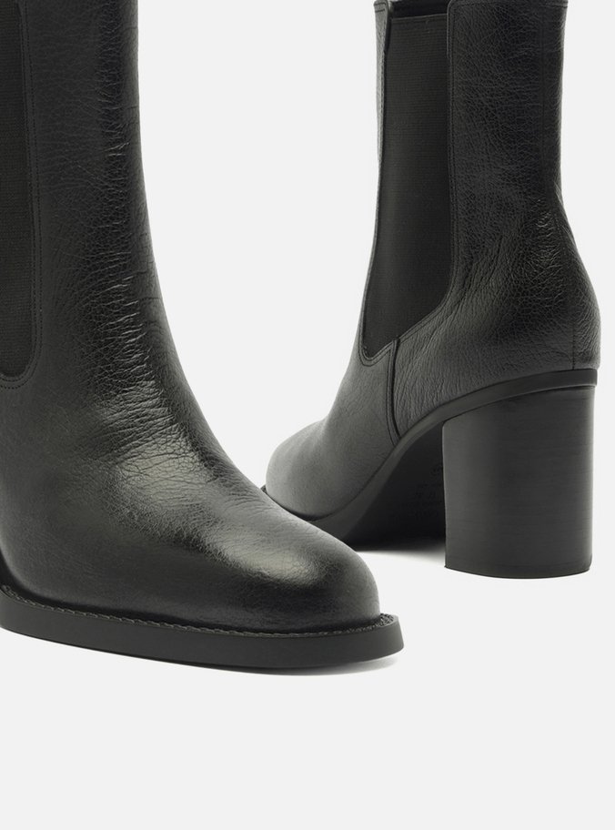 Bota Preta Couro Cano Curto Elástico Fita