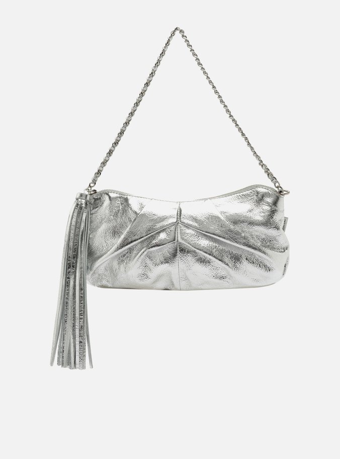 Bolsa Shoulder Prata Couro Grande Franzida