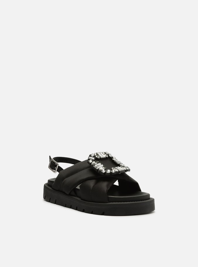 Sandália Papete Preta Cetim Flatform Pedraria