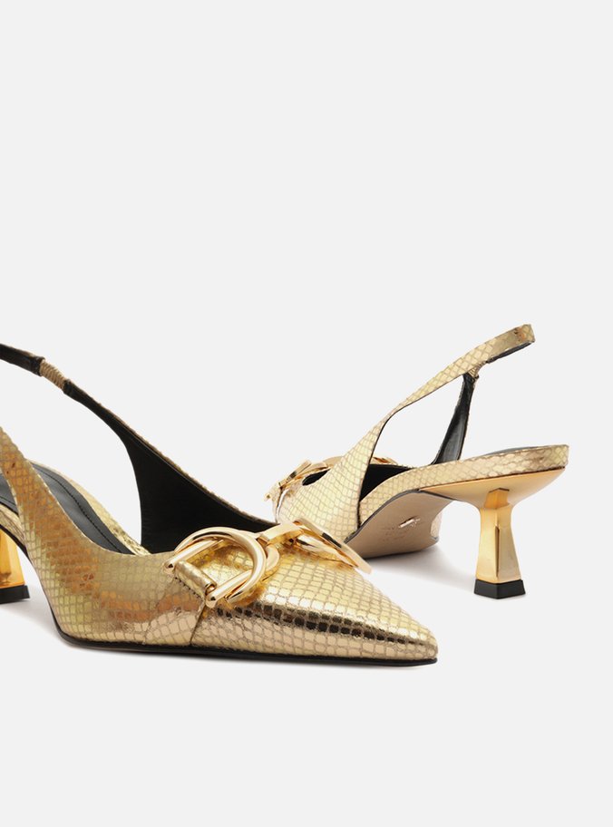 Scarpin Dourado Snake Bico Fino Slingback Bridão