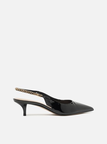 Scarpin Preto Salto Kitten Slingback Corrente