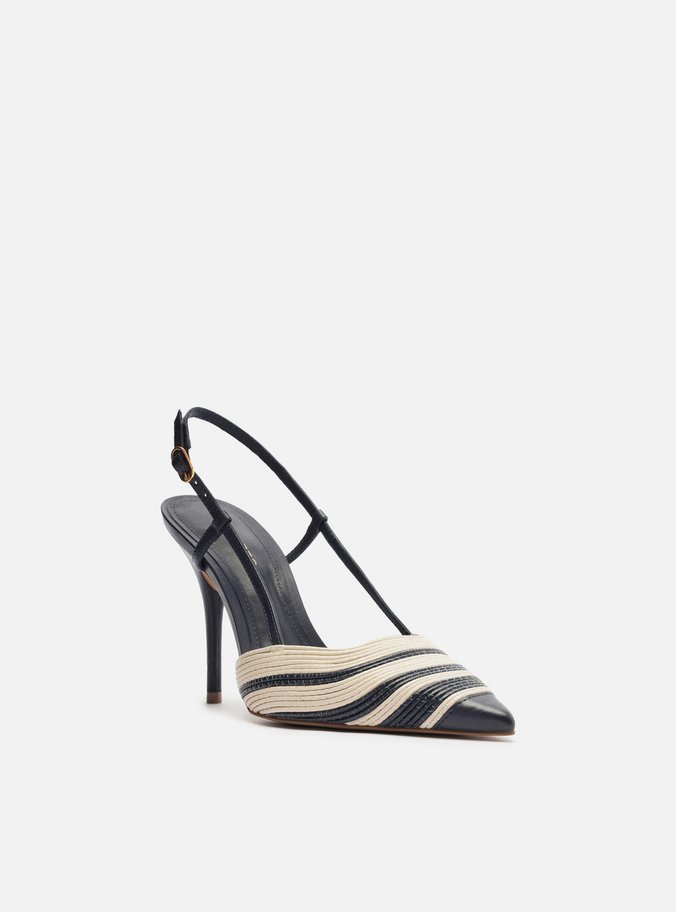 Scarpin Azul Couro Salto Alto Slingback Bicolor