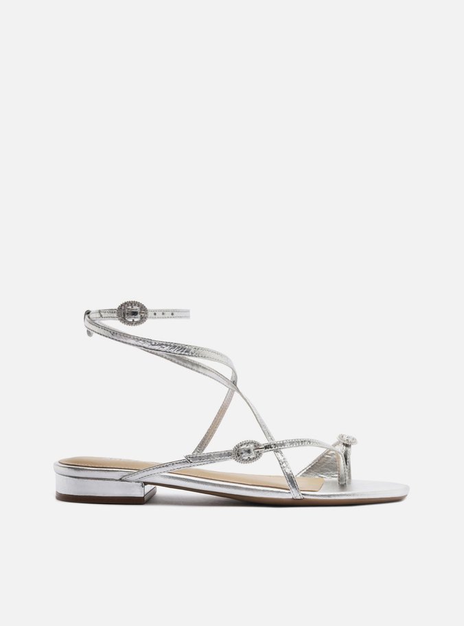 Sandália Rasteira Prata Couro Fivelas Cristais