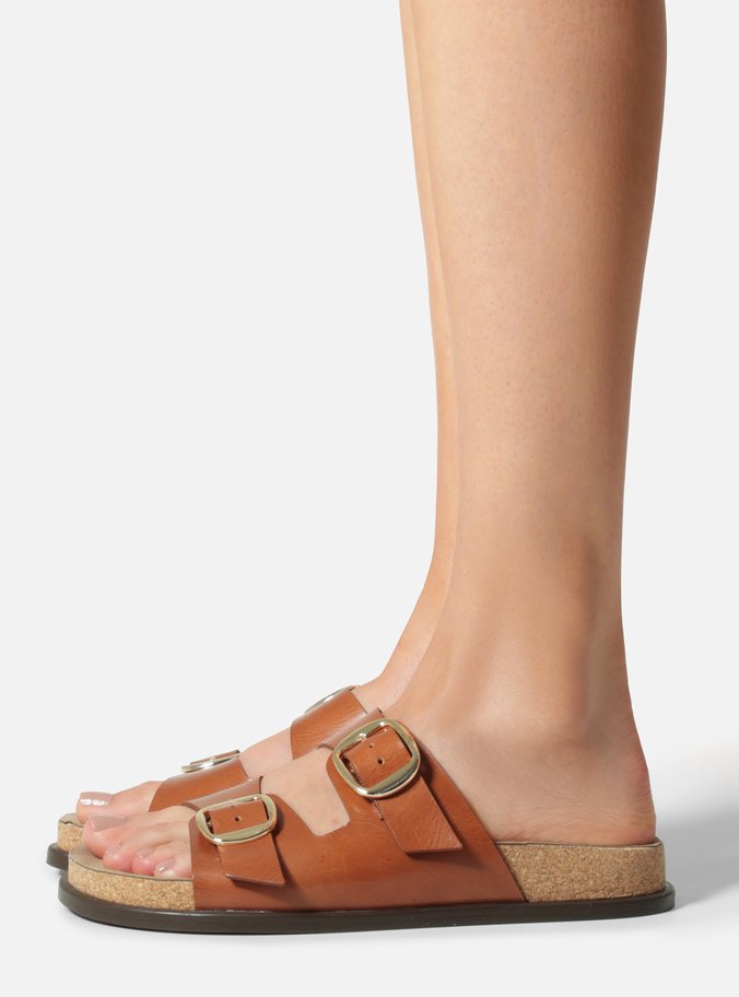 Sandália Papete Marrom Couro Flatform Metais