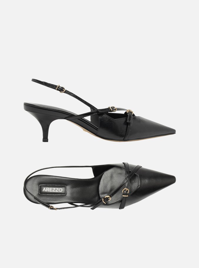 Scarpin Preto Couro Salto Médio Fivela