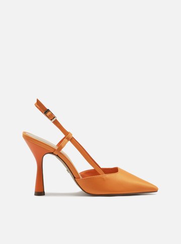 Scarpin Laranja Cetim Salto Alto Geométrico