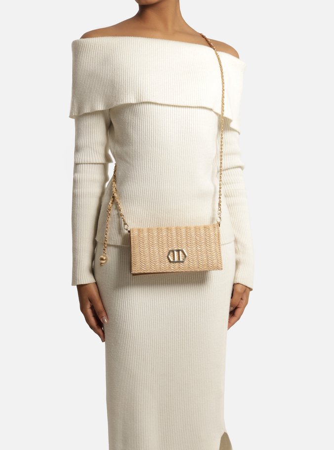 Clutch Bege Couro Tramado Metal Geométrico