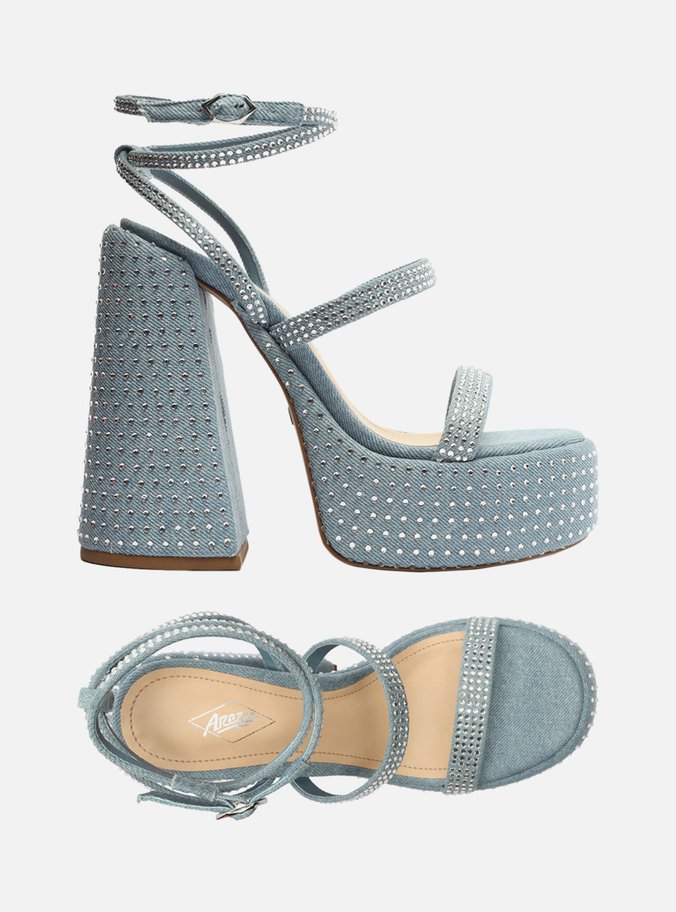 Sandália Azul Jeans Plataforma Strass