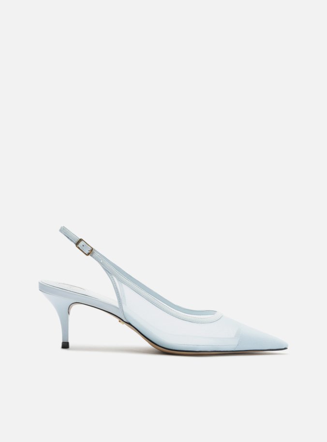 Scarpin Azul Tela Salto Kitten Slingback