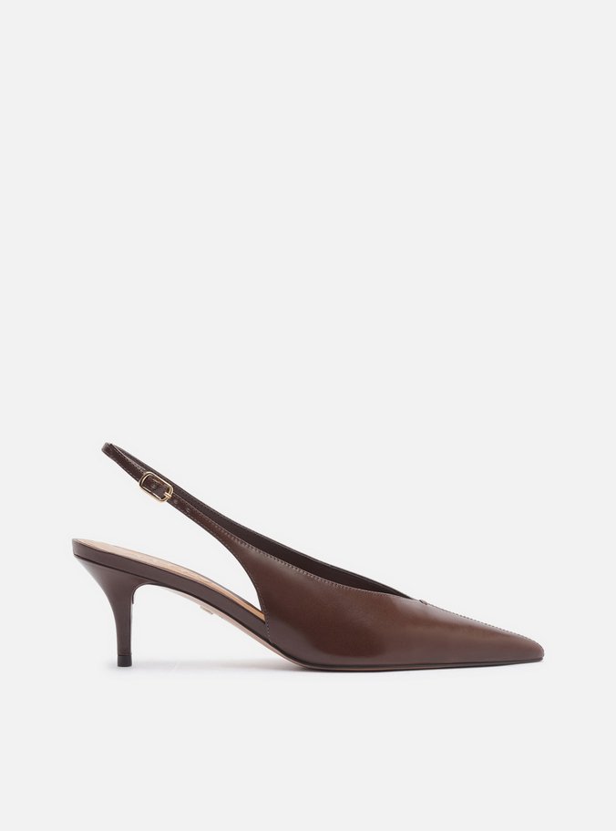 Scarpin Marrom Couro Slingback Salto Baixo Fino