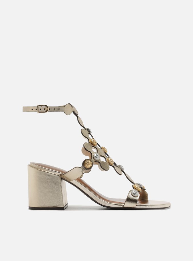 Sandália Dourada Couro Bloco Círculos Metais