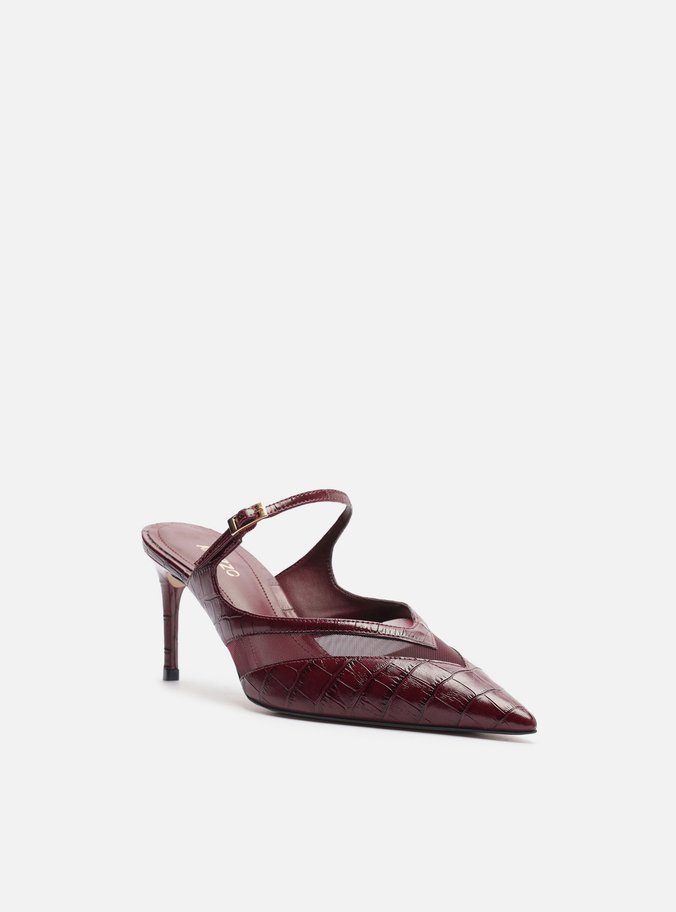 Mule Vermelha Croco Salto Médio Fino Tela