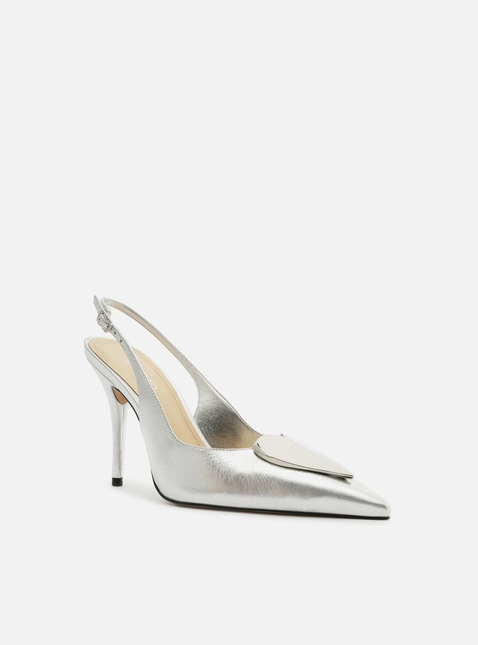 Scarpin Prata Couro Slingback Coração Metal