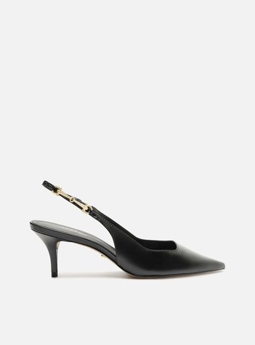 Scarpin Preto Couro Slingback Detalhe Metal