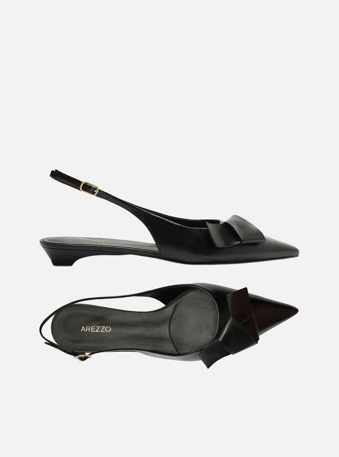 Sapatilha Preta Couro Bico Fino Slingback Laço