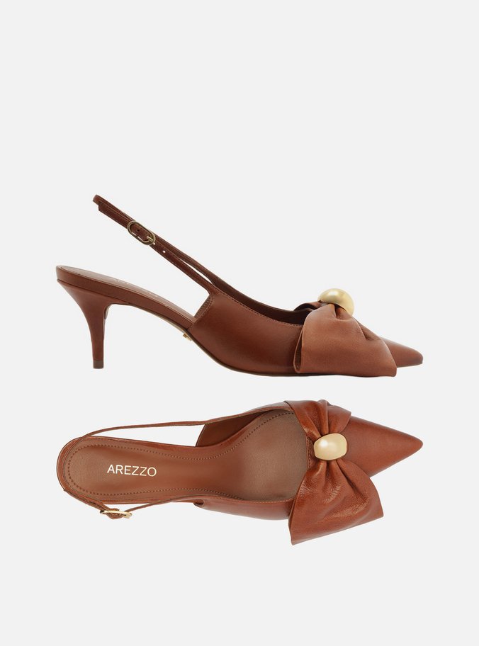 Scarpin Marrom Couro Slingback Laço Metal