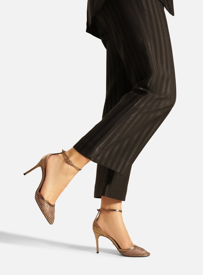Scarpin Bronze Salto Alto Fino Aberto Tela