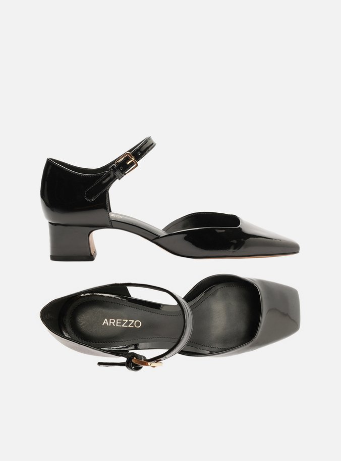 Scarpin Preto Verniz Salto Baixo Bico Quadrado