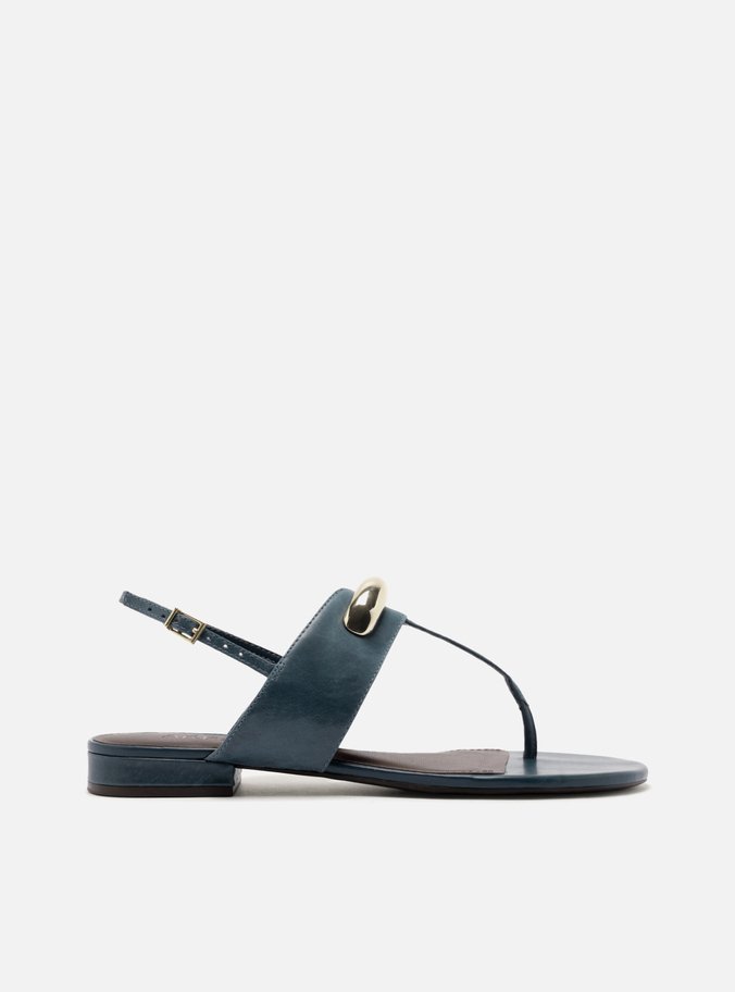 Sandália Rasteira Azul Couro Bico Redondo Metais