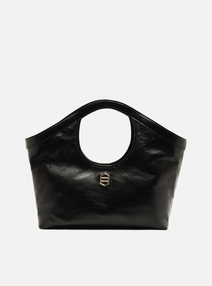 Bolsa Shopping Preta Couro Grande Metais