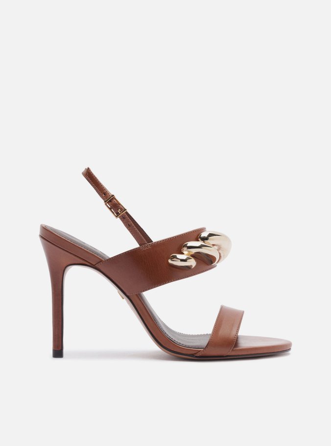 Sandália Marrom Couro Metal Salto Fino