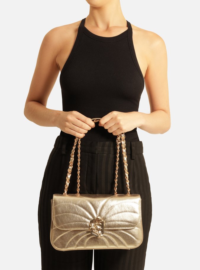 Bolsa Tiracolo Dourada Couro Média Metal Flor