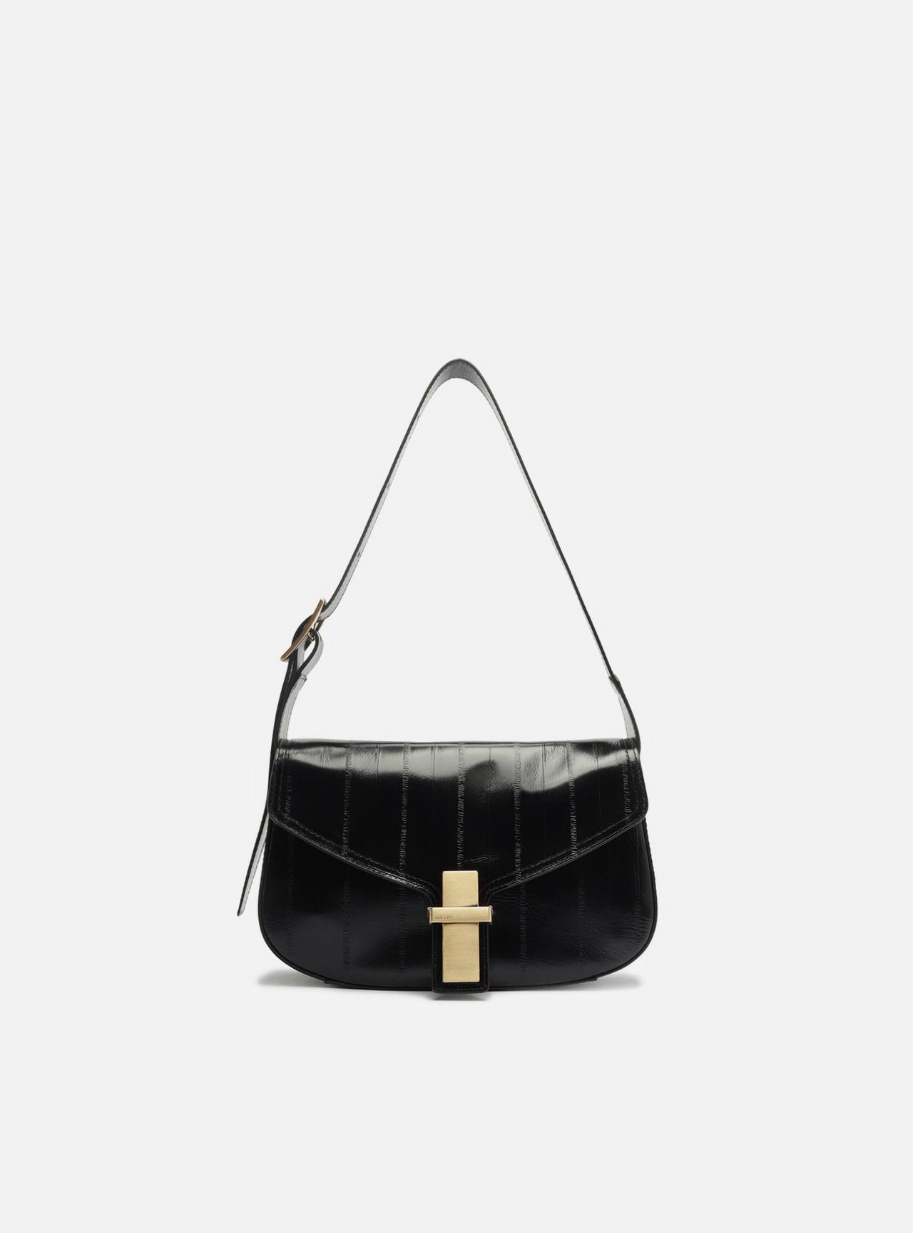 Bolsa Tiracolo Preta Couro Pequena Tampo Metal — foto 1