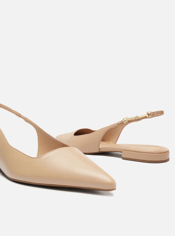 Sapatilha Bege Couro Slingback Detalhe Metal