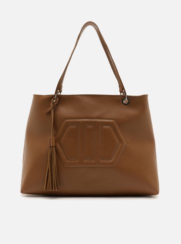 Arezzo — Bolsa Shopping Marrom Grande Granulada Franja