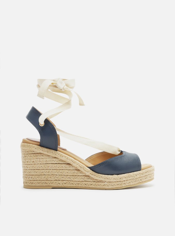Espadrille Azul Couro Plataforma Amarração