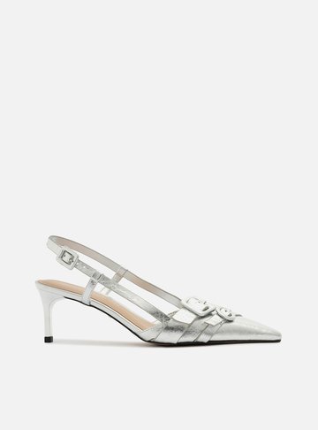 Scarpin Prata Couro Salto Baixo Slingback