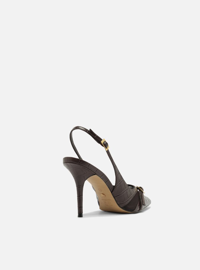 Scarpin Marrom Croco Salto Alto Slingback Tela