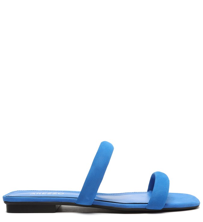 Rasteira Nobuck Azul Bico Quadrado e Tiras Bombadas