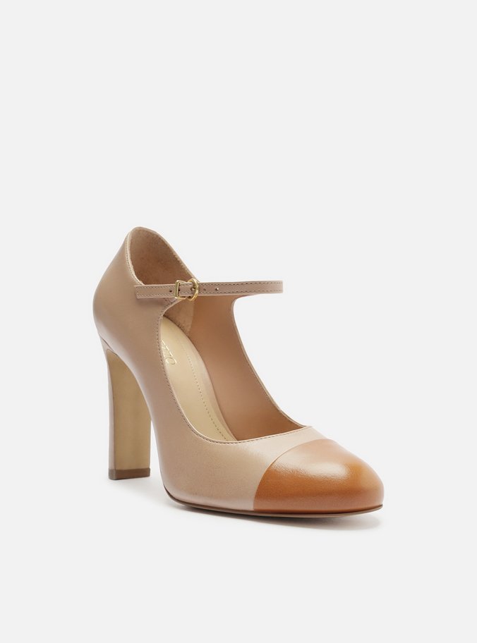 Sapato Boneca Bege Couro Salto Alto Cap Toe