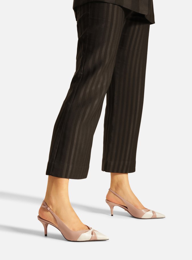 Scarpin Bege Couro Salto Kitten Slingback Bicolor