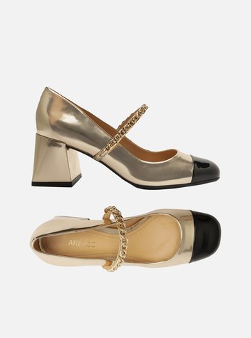 Sapato Boneca Dourado Salto Bloco Tira Corrente Arezzo