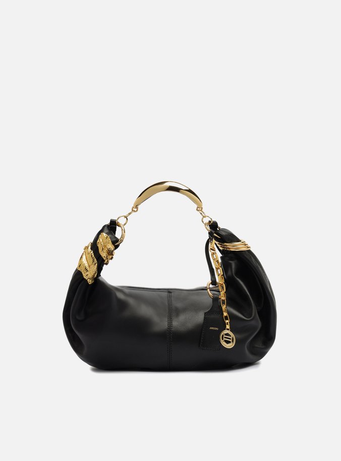Bolsa Tiracolo Preta Couro Média Metais Leaf