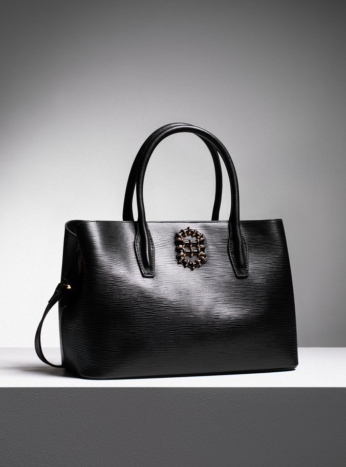 Bolsa Tote Preta Couro Grande Metal Resinado