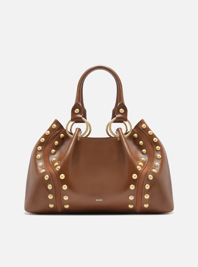 Bolsa Tote Marrom Couro Grande Rebites