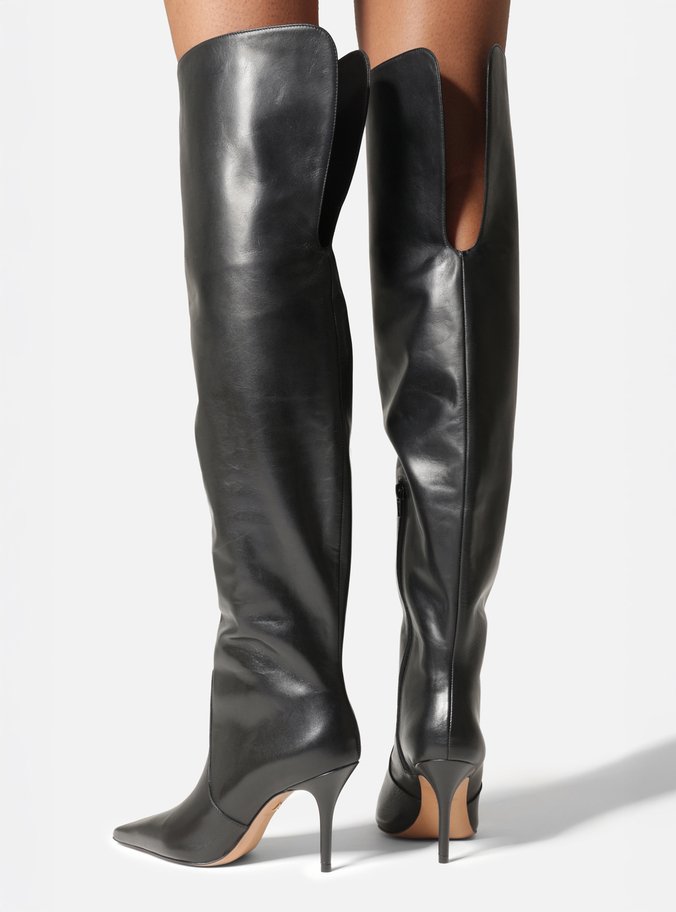Bota Preta Couro Over The Knee Salto Fino