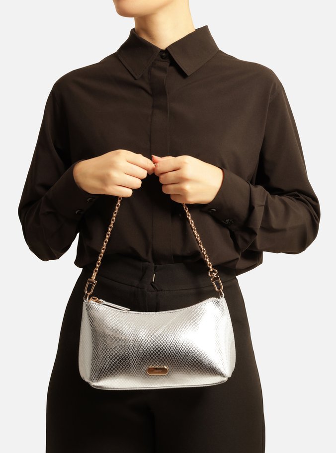 Bolsa Tiracolo Prateada Snake Pequena Corrente