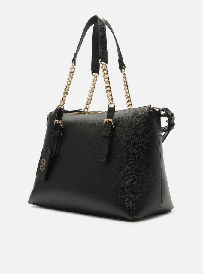 Bolsa Tote Preta Couro Grande Alça Corrente
