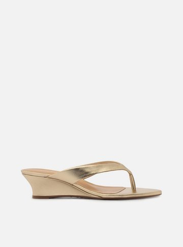 Tamanco Dourado Couro Salto Anabela Flip Flop