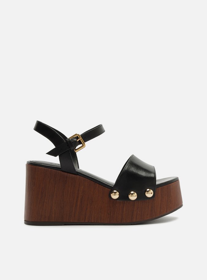 Sandália Preta Couro Plataforma