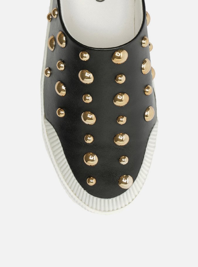 Tênis Mule Slip On Preto Couro Studs Miley